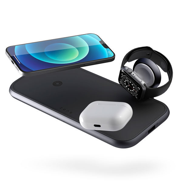 משטח טעינה מהיר אלחוטי 3 ב-1 עם חיבור USB-A שחור Zens