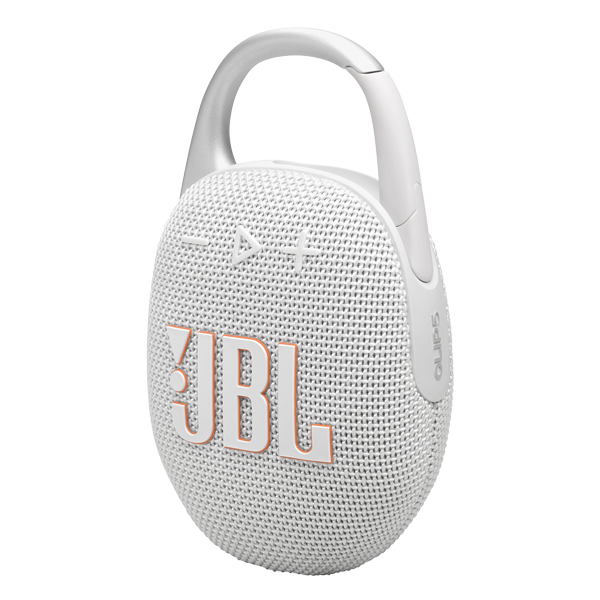 רמקול JBL Clip 5 לבן נייד עם סאונד עוצמתי ועמידות למים