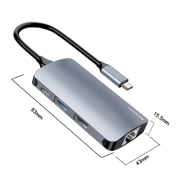 האב USB-C עם 6 חיבורים כולל חיבור RJ45 בעיצוב אלומיניום עמיד Yesido
