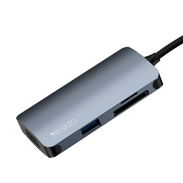 מתאם 7 ב-1 USB-C עם חיבורי USB-A ו-USB-C, כרטיסי SD/TF וחיבור VGA מבית Yesido