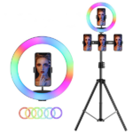 רינג לייט 36 ס”מ RGB איכותי עם חצובה נפתחת עד 2 מטר ו-3 מעמדים לסמארטפון Power-Tech