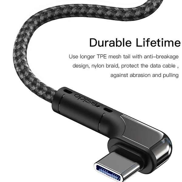 כבל טעינה מהירה 2 מטר בזווית 90 מעלות USB-A ל-Micro מבית Yesido CA81