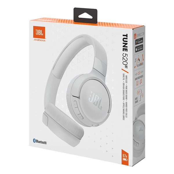 אוזניות אלחוטיות JBL Tune 520BT לבן עם סוללה עוצמתית של עד 57 שעות