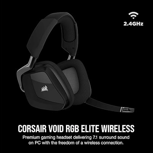 אוזניות גיימינג אלחוטיות Corsair Void Rgb Elite Wireless שחור עם שמע היקפי 7.1 ונוחות מירבית