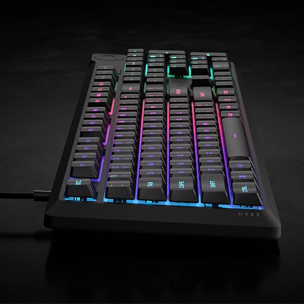 מקלדת גיימינג Corsair K55 Core שחור עם תאורת Rgb עוצמתית וכפתורי מדיה ייעודיים