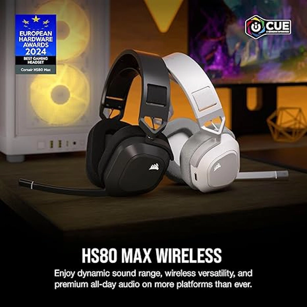 אוזניות גיימינג אלחוטיות Corsair Hs80 Max Wireless שחור עם שמע היקפי Dolby Atmos ומיקרופון איכותי