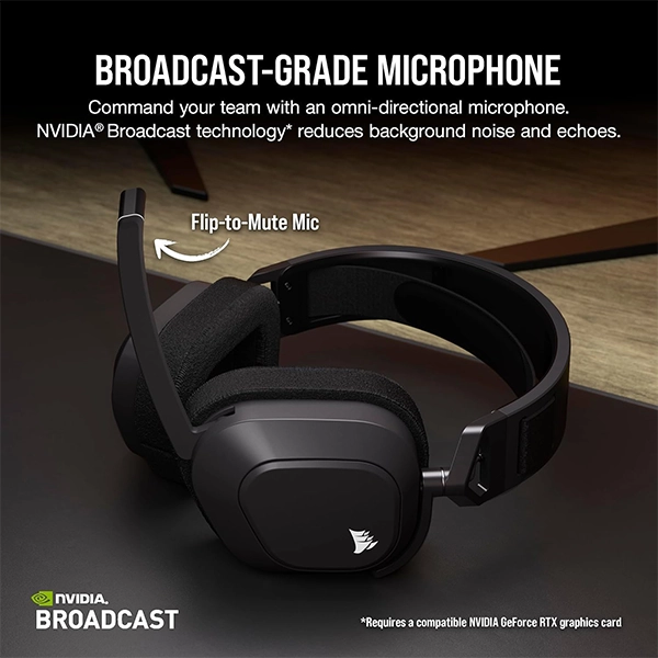 אוזניות גיימינג אלחוטיות Corsair Hs80 Max Wireless שחור עם שמע היקפי Dolby Atmos ומיקרופון איכותי