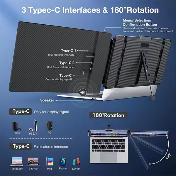 מסך נייד 14״ FHD ללפטופ עם חיבורי USB-C ו-HDMI מתכוונן | S1 Dual Screen Extender