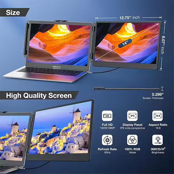 מסך נייד 14״ FHD ללפטופ עם חיבורי USB-C ו-HDMI מתכוונן | S1 Dual Screen Extender