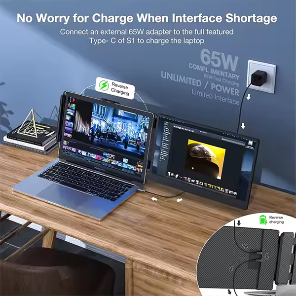 מסך נייד 14״ FHD ללפטופ עם חיבורי USB-C ו-HDMI מתכוונן | S1 Dual Screen Extender
