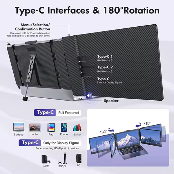 מסך נייד כפול FHD ללפטופ עם חיבורי USB-C ו-HDMI ורמקולים מובנים | S2 Triple Screen Extender