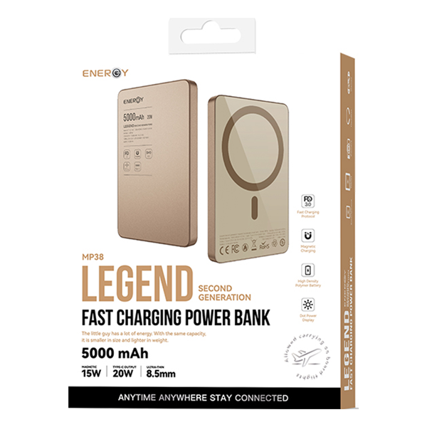 סוללת גיבוי אלחוטית 5000mAh בצבע זהב תומכת MagSafe וטעינה מהירה | ENERGY MP38 Legend